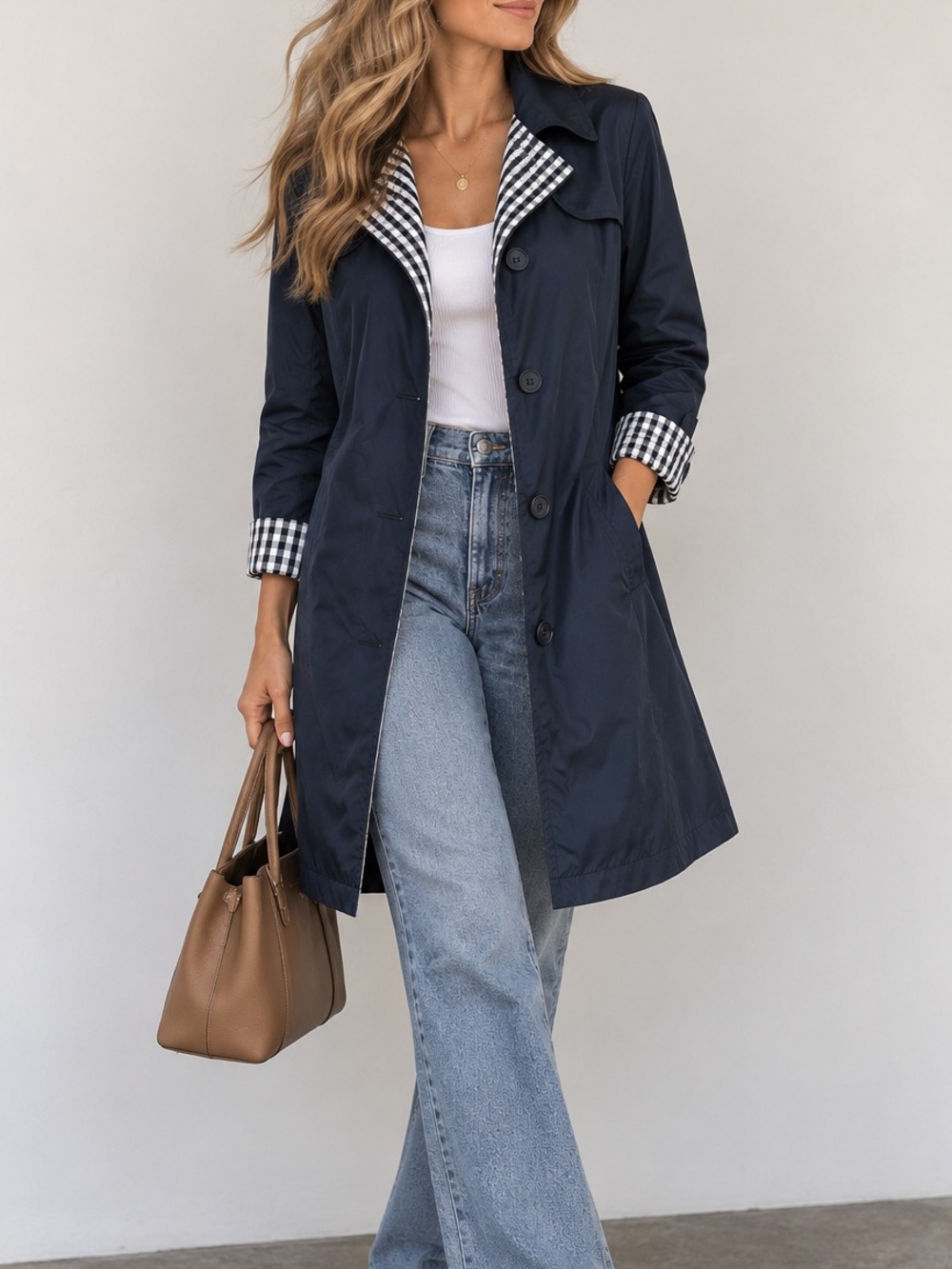 410. Cinzia Rocca Navy Lightweight Trench Coat Check Lining Size 8